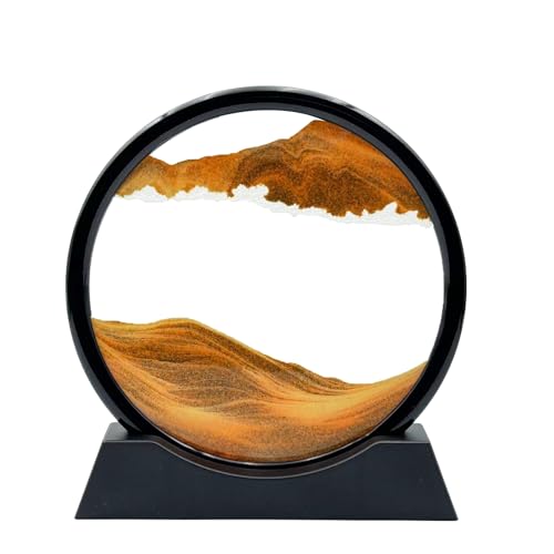 Moving Sand Art Liquid Motion, 3D Deep Sea Sandscape Color Quicksand Decor, Round Glass Moving Sand Art Picture Relaxing Desktop Home Office Work Decor (7 inch-Yellow) - color: Yellow, size: 7 inch