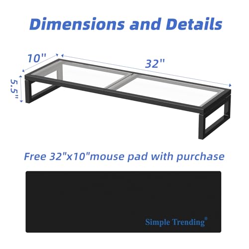 Simple Trending Dual Monitor Stand Riser, Tempered Glass Computer Desk Organizer with Mouse Pad for Laptop, iMac, TV, Black - color: Black, size: 32”W x 10”D x 5.5”H