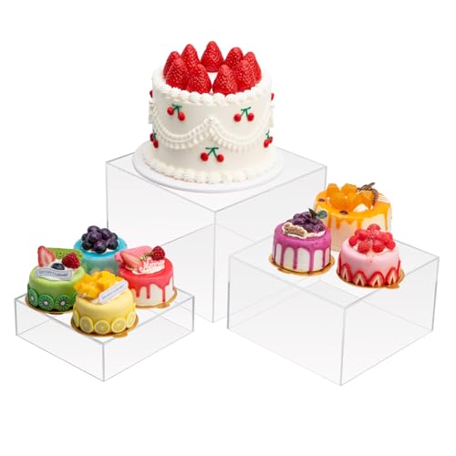 Clisela 3pcs Acrylic Cube Display Stands Box Risers with Hollow Bottoms, Food Risers for Buffet Table, Decorative Display Stand Shelf for Dessert Collectibles Jewelry Figures Show - Clear 6" 7" 8" - size: (6,7,8)"- Clear
