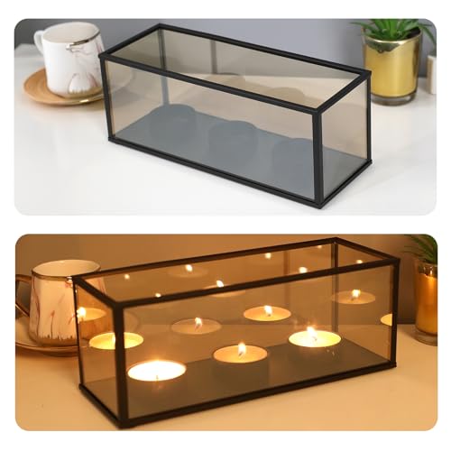 Black Metal Glass Frame Candle Holder with 3 Round Tealight Bases，Long Glass Tea Light Candle Holder Centerpiece Box, 8.5 x 3.15 x 3.15in (3 Candle Cup Bases)
