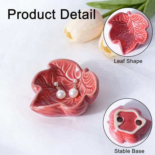 Jewelry Tray, Ceramic Leaves Jewelry Dish, Ring Holder Dish, Small Trinket Tray, Washable Key Bowl(Red) - color: Red