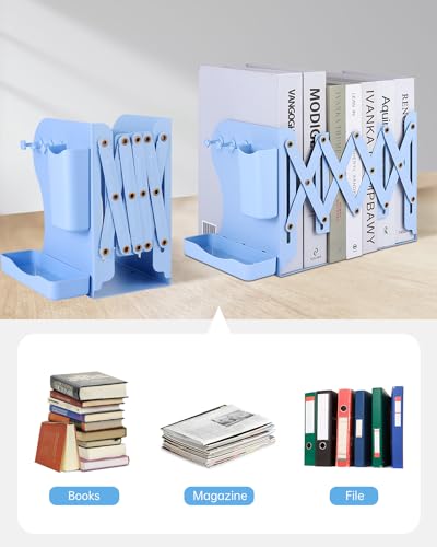 Honagu Adjustable Bookends, Metal Book Ends for Shelves Heavy Book, Bookend for Home, Office, Books, Papers, Book Stopper with Removable Hook, Pen Holder, Gifts for Students, Teachers（Light Blue） - color: Light Blue