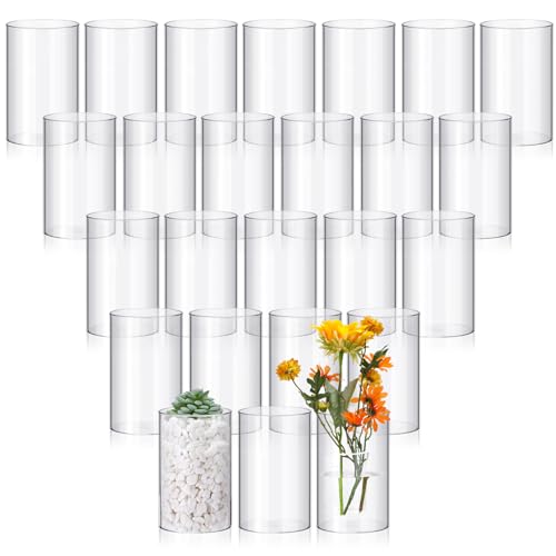 Vesici 20 Pcs Plastic Cylinder Vase Acrylic Cylinder Vase Bulk Small Clear Flower Container Hurricane Candle Holder Round Wide Container Centerpiece for Home Office Wedding Decorations (6 Inch) - size: 6 Inch