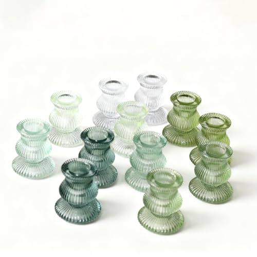 Green Glass Candle Holders 12 Pcs, Ribbed Taper Candle Holders Bulk, Vintage Candlestick Holders for Sage Green Wedding Centerpieces, Christmas Table Decor, Party & Easter Home Decor - color: Green&clear