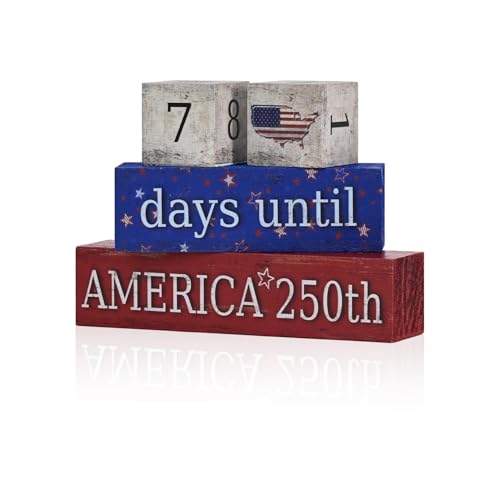 Smile Patriotic 250th Anniversary Countdown Calendar - Wooden Blocks Decor with Days Until Sign, 4th of July & Memorial Day Tiered Tray Decor, American Holiday Home Decor - style: Countdown