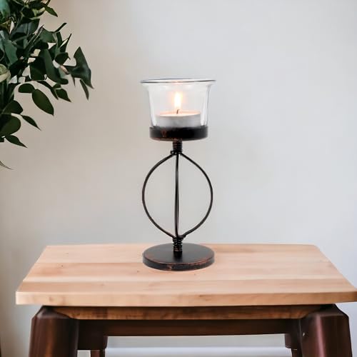 Hosley Bulk Buy Set of 6 Metal & Glass Tea Light Candle Holders for Home Decor, Lighting, Wedding, Parties, Gifting, LED Tea Light Gardens - color: Bronze1