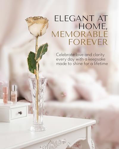 Forever Rose Hand-Dipped in 24K Gold, Diamond-Inspired April Birthstone with Sparkles, Real Rose in Luxury Gold Gift Box & Clear Glass Bud Vase – Perfect Ready for April Birthday or Any Occasion - color: April Diamond