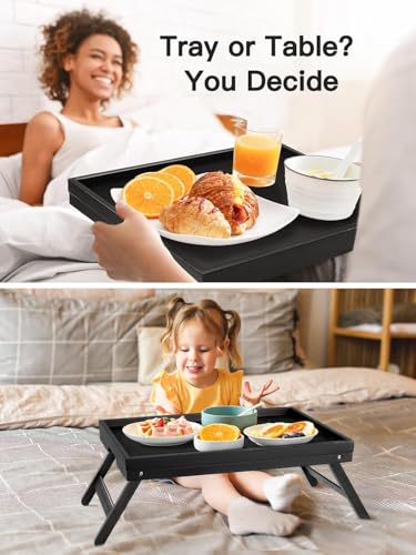 Bamboo Bed Tray Table with Foldable Legs, Breakfast Tray for Sofa, Bed, Eating, Working, Used As Laptop Desk Snack Tray by Pipishell (Black) - color: Black, size: 16.3" x 11.8" x 6"