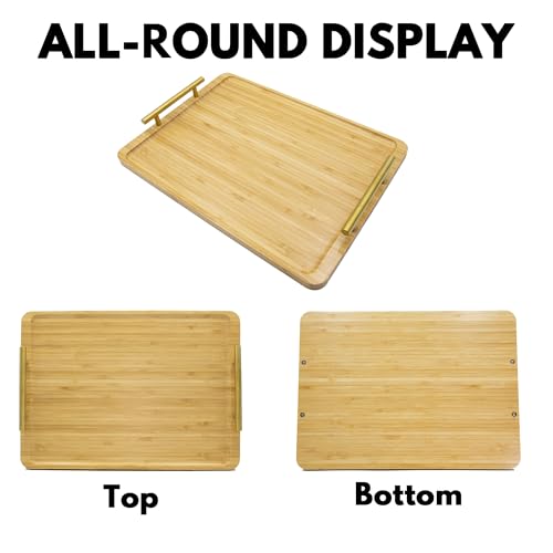 2 Pack Bamboo Serving Tray with Metal Handles, 15.8×11.4“ Solid Wooden Tray for Food, Rectangular Decorative Tray for Ottoman, Coffee Table, Living Room, Bathroom, Party