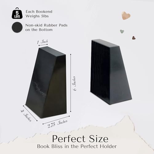 Modern Wedge Marble Bookends – Hand Carved, Polished Stone Bookends w/Non-Slip Rubber Pads – Lightweight & Compact Decorative Bookends - Versatile, Luxury Book Organizer for Shelf & More - color: Jet Black