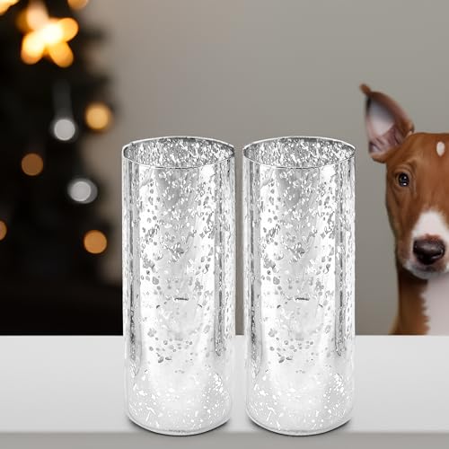 WGVI Hurricane Candle Holder Sleeve, W: 4", Ht: 10", Silver Speckled Glass Cylinder Open Both Ends, Chimney Tube Shade, 1 Piece - size: 4x10"H
