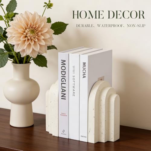 Book Ends for Heavy Books, Beige Modern Pleasing Layered Arch Design Aesthetic Bookend Decorative, Concrete Book Ends to Hold Books Heavy Duty for Bookshelf Decor, Home Decor, Office Decor