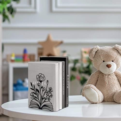 Peacoblue Metal Bookends for Shelves, Modern Decorative Heavy Duty Study Book Support Stoppers for Office, Desk, Shelf, Room 5.3"x4.3"x7.9" Cast Iron Simple Tall Bookends, 1 Pair (Books and Flowers) - style: Books and Flowers