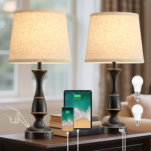 Luvkczc Touch Table Lamps Set of 2, 22" Tall Bedside Lamps with Dual USB A Ports, Dimmable Nightstand Lamps for Bedroom, Living Room, Office, Black Lamps with Beige Lampshade, Bulb Included - color: Black base+Beige lampshade, size: 22in