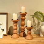 SWALLOWLIVING Rustic Farmhouse Wood Pillar Candle Holder Set of 3 for Candlestick, Brown - color: Brown