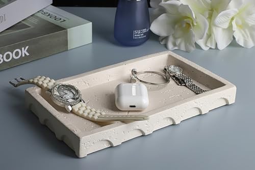 Vixdonos Decorative Tray with Semi-Circular Pattern Edge,Rectangular Concrete Tray for Coffee Table Decor,9.8X5.8X1.2 Inches(Beige) - color: Beige