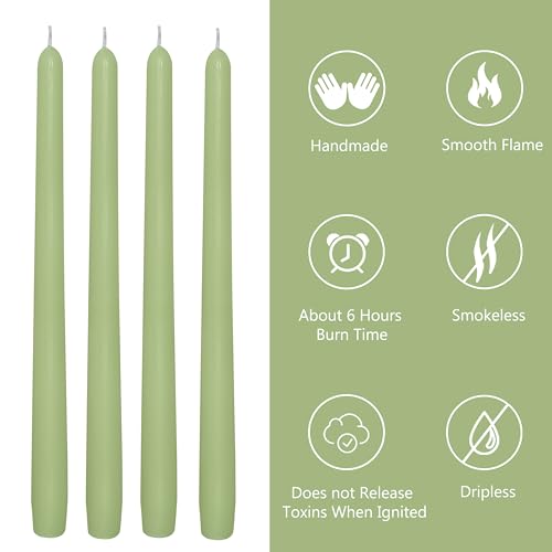 10 Inch Taper Candles Handmade Set of 4 – Unscented Tapered Candles in Sage Green, Candlesticks Smokeless Candle Sticks for Wedding, Home Decor, and Garden Parties - color: Green Cedar