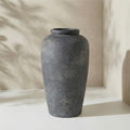 Rustic Distressed Ceramic Threaded Vase, 11"H Handmade Wabi Sabi Decor Vase (Deep Charcoal with Light Gray Weathering and Wheat Beige Patches) for Living Room Table Centerpieces, Entryway & Fireplace - size: 11 inch-A