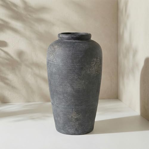 Rustic Distressed Ceramic Threaded Vase, 11"H Handmade Wabi Sabi Decor Vase (Deep Charcoal with Light Gray Weathering and Wheat Beige Patches) for Living Room Table Centerpieces, Entryway & Fireplace - size: 11 inch-A
