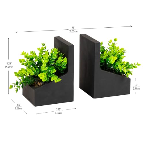 Mind Reader Contemporary Planter Bookends, Book Holders with Faux Greenery, Decorative Desktop or Shelf Organizer, Cement, Set of 2, Black