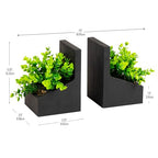 Mind Reader Contemporary Planter Bookends, Book Holders with Faux Greenery, Decorative Desktop or Shelf Organizer, Cement, Set of 2, Black
