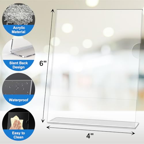 10 Pack Acrylic Sign Holder 4 x 6, L-Shape Clear Plastic Display Stand for Tabletop, Acrylic Stands for Flyers, Table Paper Holder, Vertical Sign Holder 4x6 for Restaurants, Office and School (Slant 10 Pack 4x6) - size: Slant 10 Pack 4x6