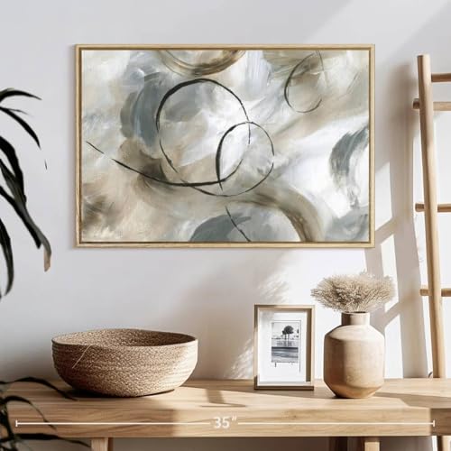 ElephantStock - Allegro Wall Art - Horizontal Floating Framed Canvas - Living Room Wall Decor - Painting Strokes And Lines Framed Canvas Art - Gray And Brown Decor by Nan - 25" x 17" - color: Floating Frame Natural Wood, size: 24"L x 16"W