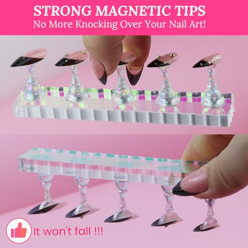 Nail Stand For Press On Acrylic Strong Magnetic Nail Holder Kit For Painting Nails Tip Arts Display With 200PCS Double-Sided Tape And 1 Heart Shaped Acrylic Magnetic Presson Stand Aurora - color: Aurora, size: Medium