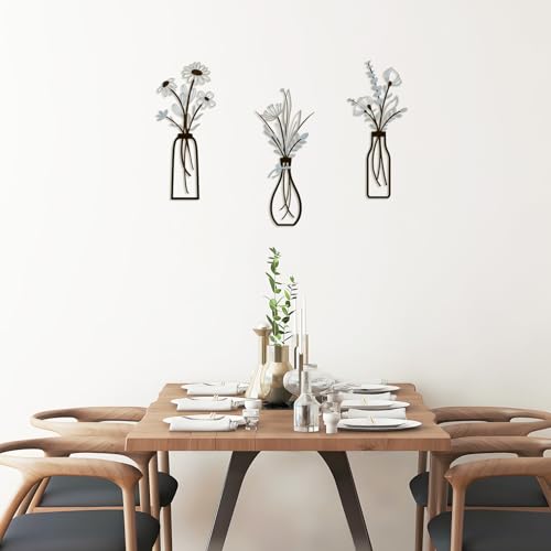 3 Pieces Metal Vase Flowers Wall Arts - Rustic Farmhouse Style Décor Metal Wall Art Black Minimalist Flower Natural Themed Wall Decors for Home Bedroom Dining Room Housewarming (Brown-Blue, Vase-C) - color: Brown-Blue