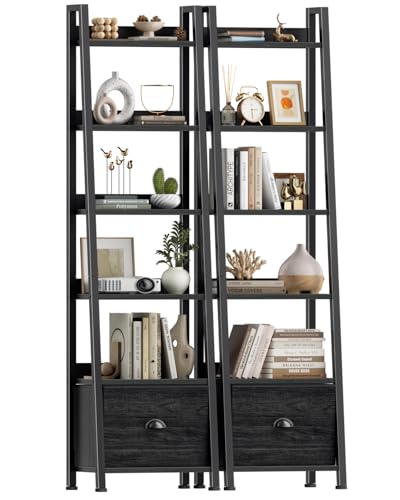 Furologee Bookshelf Set of 2, 6-Tier Ladder Shelf, Ladder Bookshelf with Drawer, Set of 2 Bookshelves, Wood Metal Freestanding Storage Shelf for Living Room, Home Office, Bedroom, Kitchen,Black Oak - color: Black Oak, size: 6 Tier -2 PCS