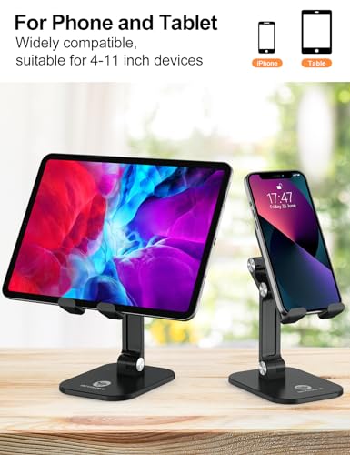 OCYCLONE Cell Phone Stand + 2 PCS Cable Organizer, Angle Height Adjustable iPhone Stand for Desk, Foldable Cell Phone Holder Tablet Stand Compatible with 4.7"-13" Phone Tablet - color: Gray Black