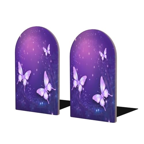 Purple Butterfly Sparkle Star L-Shaped Book Ends 1 Pair Wood Bookends Book End Supports for Heavy Book Shelf Holder Home Decorative - color: Purple Butterfly Sparkle Star