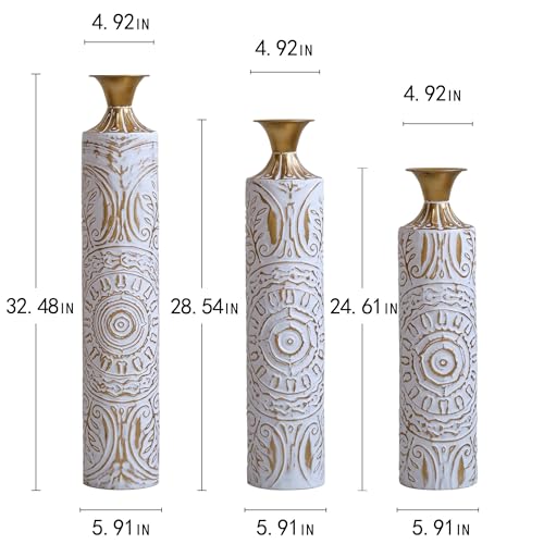 Floor Vases, Tall Home Decor Metal Vase Set of 3 Large Glazed Decorative Vases for Wedding Decor, Elegant Modern Flower Holder for Living Room, Entryway, Hallway, Dining Room - color: Ivory Vine Gold