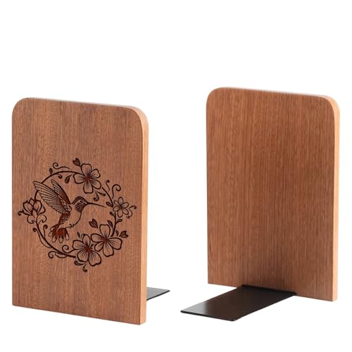 Hummingbird Wood Bookends， Bird Bookends, Gifts for Hummingbird Lovers - Heavy Duty Iron & Ebony Wood Book Ends for Shelves Bookcase Desk - 1 Pair, 4.72x6.69 Inches
