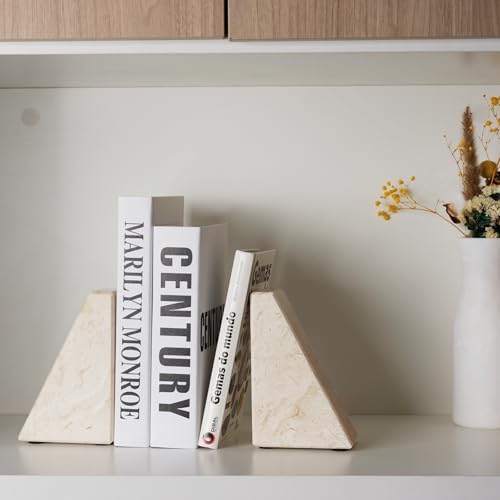 Marble Book Ends Decorative, Unique Bookends for Shelves, Bookends to Hold Heavy Books, Durable Book Holder Stopper for Home Office Desk Bookshelf Decoration, Turkey Natural Marble, Set of 2 - color: Turkey-crema Beige