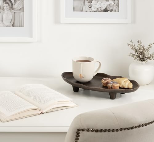 Kate and Laurel Alessia Modern Decorative Scalloped Oval Footed Metal Tray; 14 x 8; Bronze; Transitional Food-Safe Cast Aluminum Pedestal Tray with Rough Texture and Deckled Edge - color: Bronze