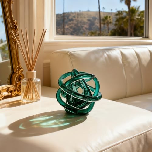 Glass Knot Teal Decor Ball - 5 Inch Hand Blown Infinity Sculpture Orbit Home Decor Table Decoration Interio Art - color: Lake Green, size: 5-Inch Diameter