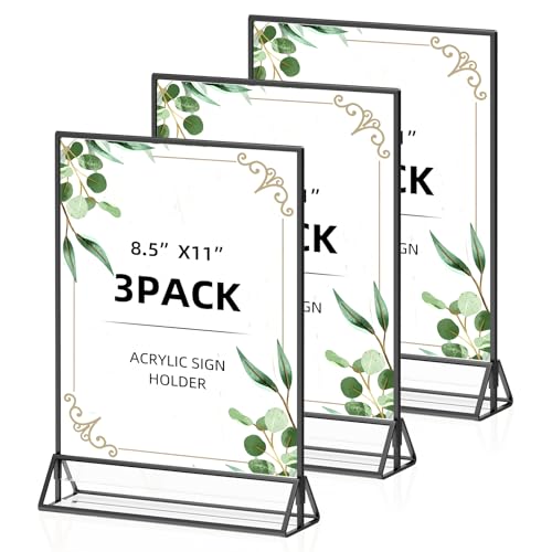 8.5x11 Picture Frame Black Acrylic Sign Holder Double-Sided Display Stand for Wedding Signs Table Numbers Menu Holders， Pack of 3