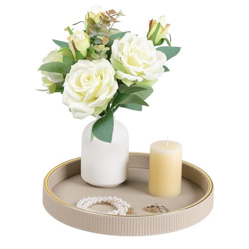 Round Decorative Tray for Coffee Table Decor, PU Leather Coffee Table Tray Golden Trim for Home Decor Living Room Dining Table, Perfume Trays Nightstand Organizer (Beige) - color: Beige