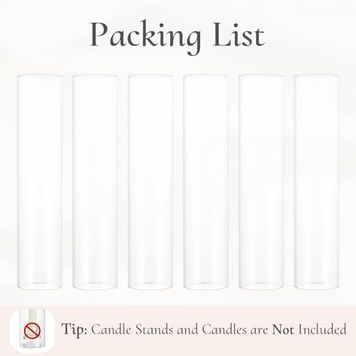 Hurricane Glass Candle Holders: 2.5" W x 12" H Open Ended Clear Cylinder Candle Cover Tall Bottomless Chimney Sleeve Bulk for Pillar & Taper Candles for Wedding Party Christmas Set of 6