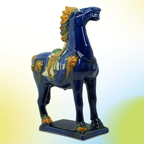 Handmade -Tang Dynasty Tri-Color Horse Sculpture Ceramic Horse-19cm Cultural Art Piece for Home,Bookcase or Office Decor (Blue) - color: Blue