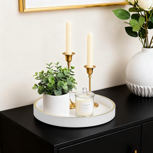 Round Decorative Tray for Coffee Table Decor, PU Leather Coffee Table Tray Golden Trim for Home Decor Living Room Dining Table, Perfume Trays Nightstand Organizer (White) - color: White