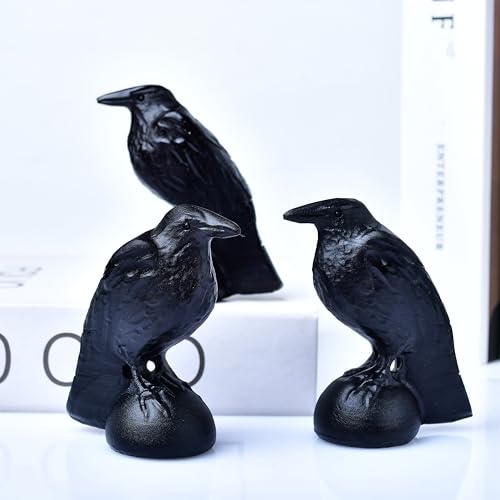 Black Obsidian Raven Statue 3.15" Large Crow Statue Figurine Healing Crystal Stone Sculpture Reiki Meditation Gothic Home Decor Gift