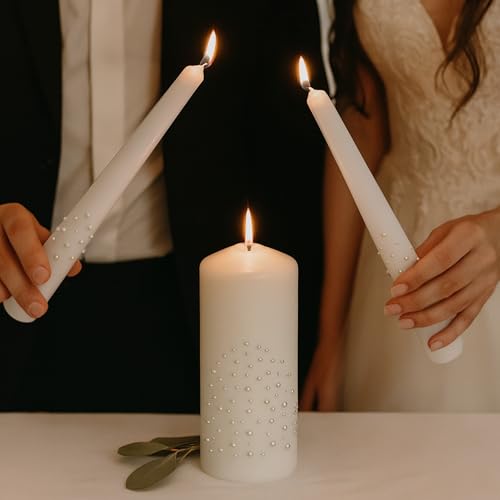Unity Candle Set - Wedding Ceremony & Reception – 6” Pillar & Two 10” Taper Candles – Long Burning Unity Candles for Marriage Ritual – Handmade in USA – White| Pearls
