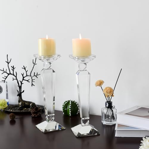 Crystal Candle Holders Set of 2,Crystal Taper/Pillar Candlestick Holders,Ultra Elegant & Modern Centerpiece Home Décor,Wedding(12inch Tall) - size: 12"