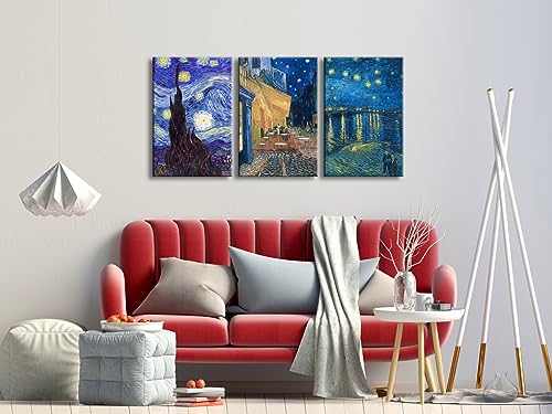 Wieco Art Large 3 Panels Canvas Prints of Vincent Van Gogh Paintings Reproduction Starry Night Over the Rhone Cafe Terrace at Night Canvas Wall Art for Living Room Home Office Decor - color: Van Gogh Paintings, size: 16 x 24 inches (Unframed)