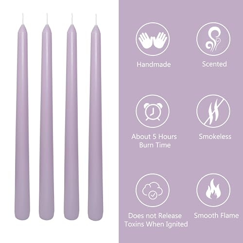 10 Inch Taper Candles Handmade Set of 4 – Lavender Scent Tapered Candles in Purple, Candlesticks Smokeless Candle Sticks for Wedding, Home Decor, and Dinner Table - color: Purple