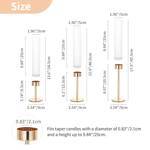 NUPTIO Tall Candlestick Holders for Centerpiece: Hurricane Candle Stick Holders with Ribbed Glass Sleeve - Gold Metal Candleholder Set of 3 for Table Fireplace Living Room Decor - color: Ribbed, size: 3pcs