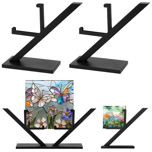 RattanView 2 Pcs Metal Glass Display Stands Square Art Glass Display Easel Stained Ceramic Holder Tiles Plaques Stand for Picture Collectibles Ceramic Tiles Photo Office Trade Show Home