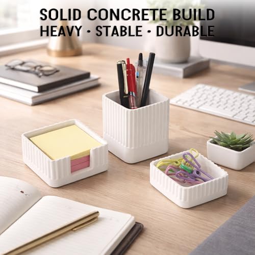 Desk Organizer Set of 3 for Office Accessories - Includes Pen Holder, Paperclip Storage, and Sticky Note Holder - Aesthetic Concrete Desktop Accessories for Women or Men, Office Decor (White) - color: White